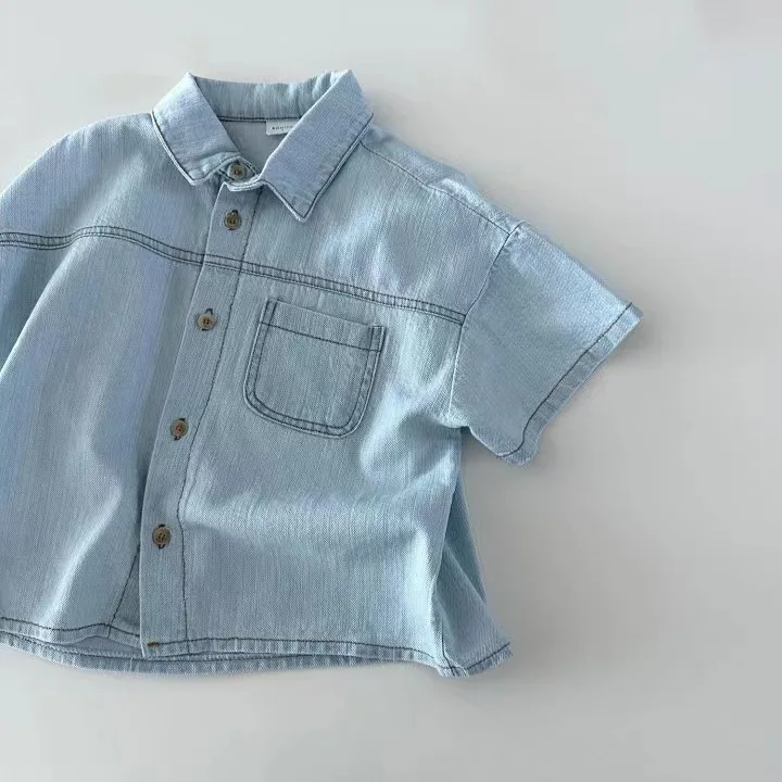New Korean Version of Short-Sleeved Denim Shirt and Shorts Set for Boys and Girls, Summer Fashionable and Stylish Two-Piece Set