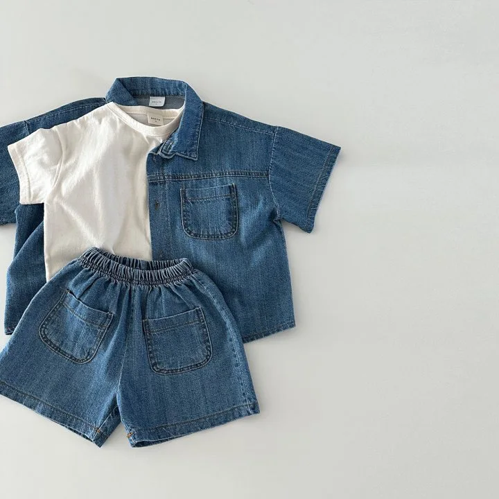 New Korean Version of Short-Sleeved Denim Shirt and Shorts Set for Boys and Girls, Summer Fashionable and Stylish Two-Piece Set