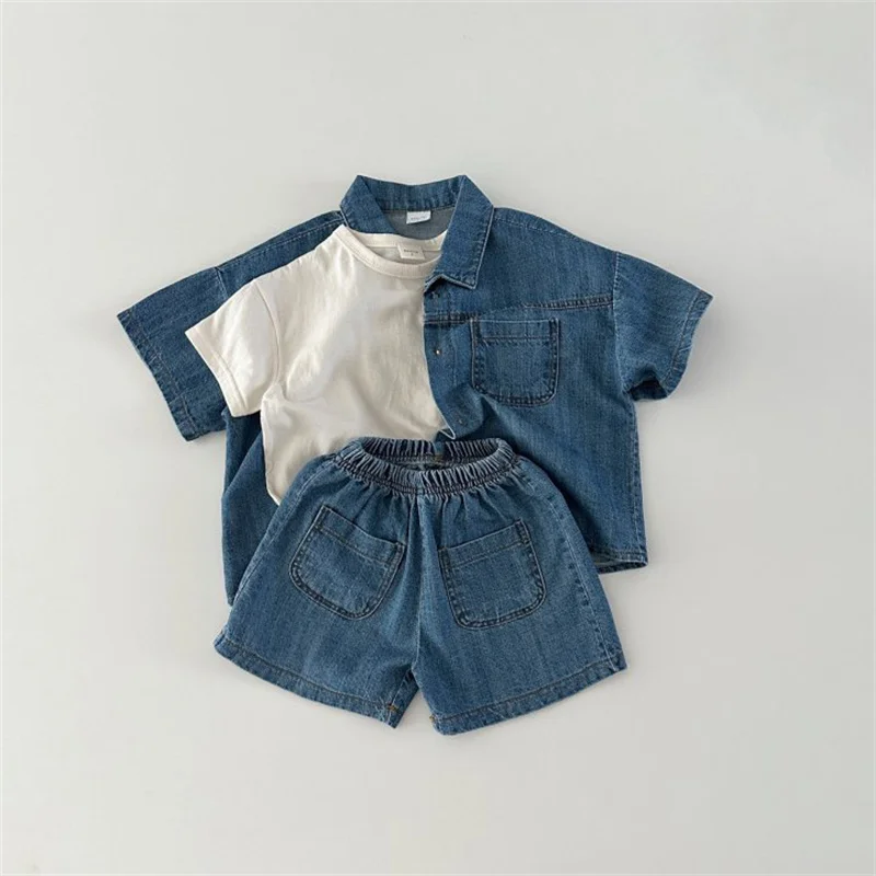 New Korean Version of Short-Sleeved Denim Shirt and Shorts Set for Boys and Girls, Summer Fashionable and Stylish Two-Piece Set