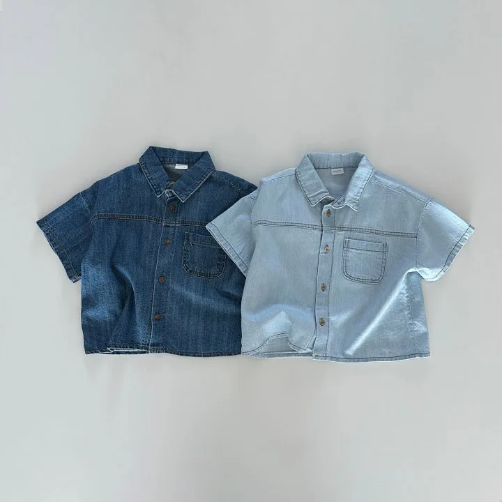 New Korean Version of Short-Sleeved Denim Shirt and Shorts Set for Boys and Girls, Summer Fashionable and Stylish Two-Piece Set
