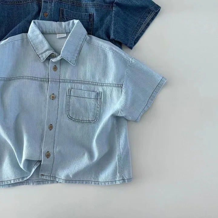New Korean Version of Short-Sleeved Denim Shirt and Shorts Set for Boys and Girls, Summer Fashionable and Stylish Two-Piece Set