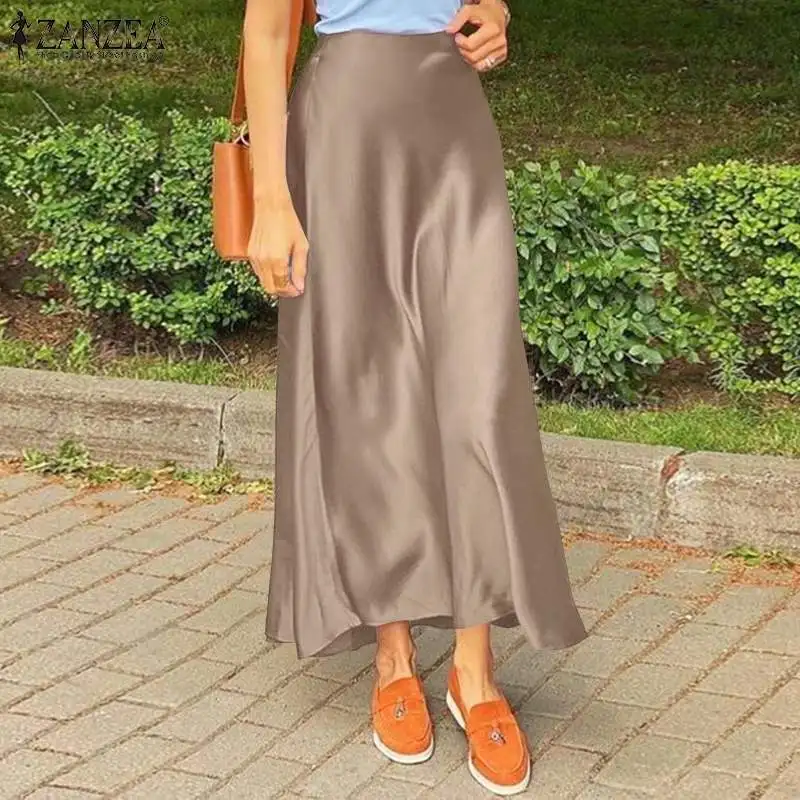 ZANZEA Fashion Satin Silk Skirts Women Summer Long High Waist Skirt Casual Solid Party Faldas Saia Female Vintage Work OL Jupe