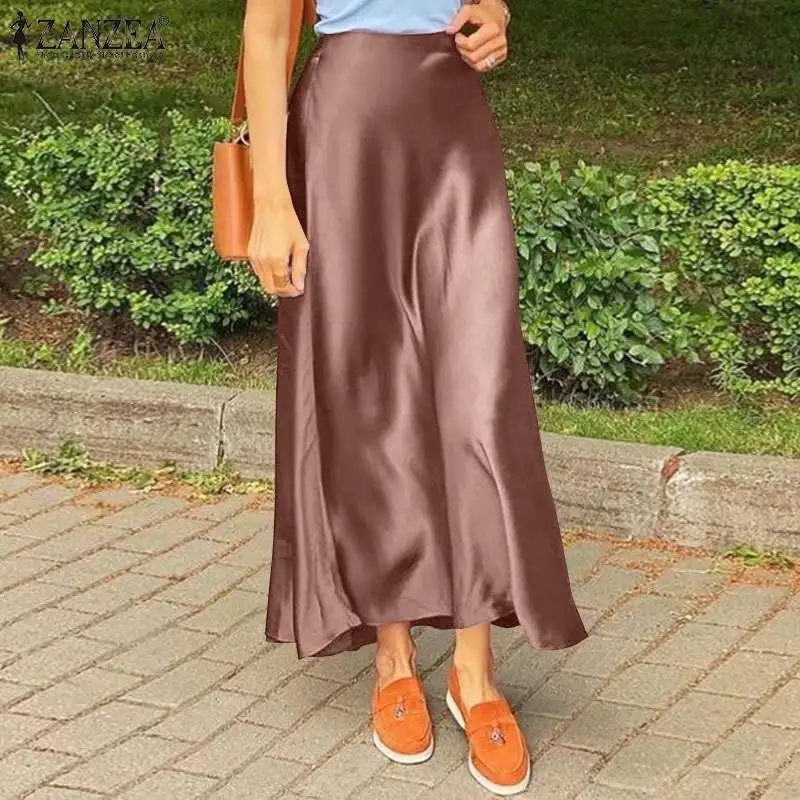 ZANZEA Fashion Satin Silk Skirts Women Summer Long High Waist Skirt Casual Solid Party Faldas Saia Female Vintage Work OL Jupe