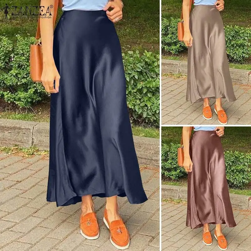 ZANZEA Fashion Satin Silk Skirts Women Summer Long High Waist Skirt Casual Solid Party Faldas Saia Female Vintage Work OL Jupe