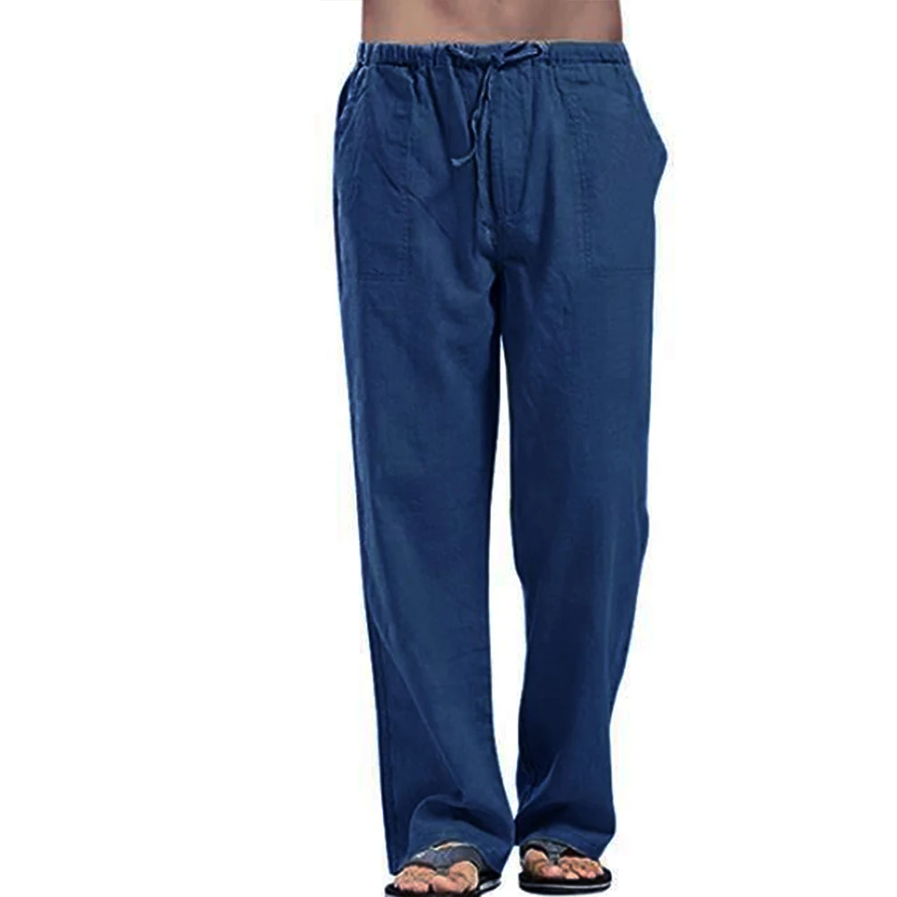 Men's Summer Loose Long Pants Elastic Waist Drawstring Leisure Resort Trousers Men Lightweight Breathable Straight Leg Pan