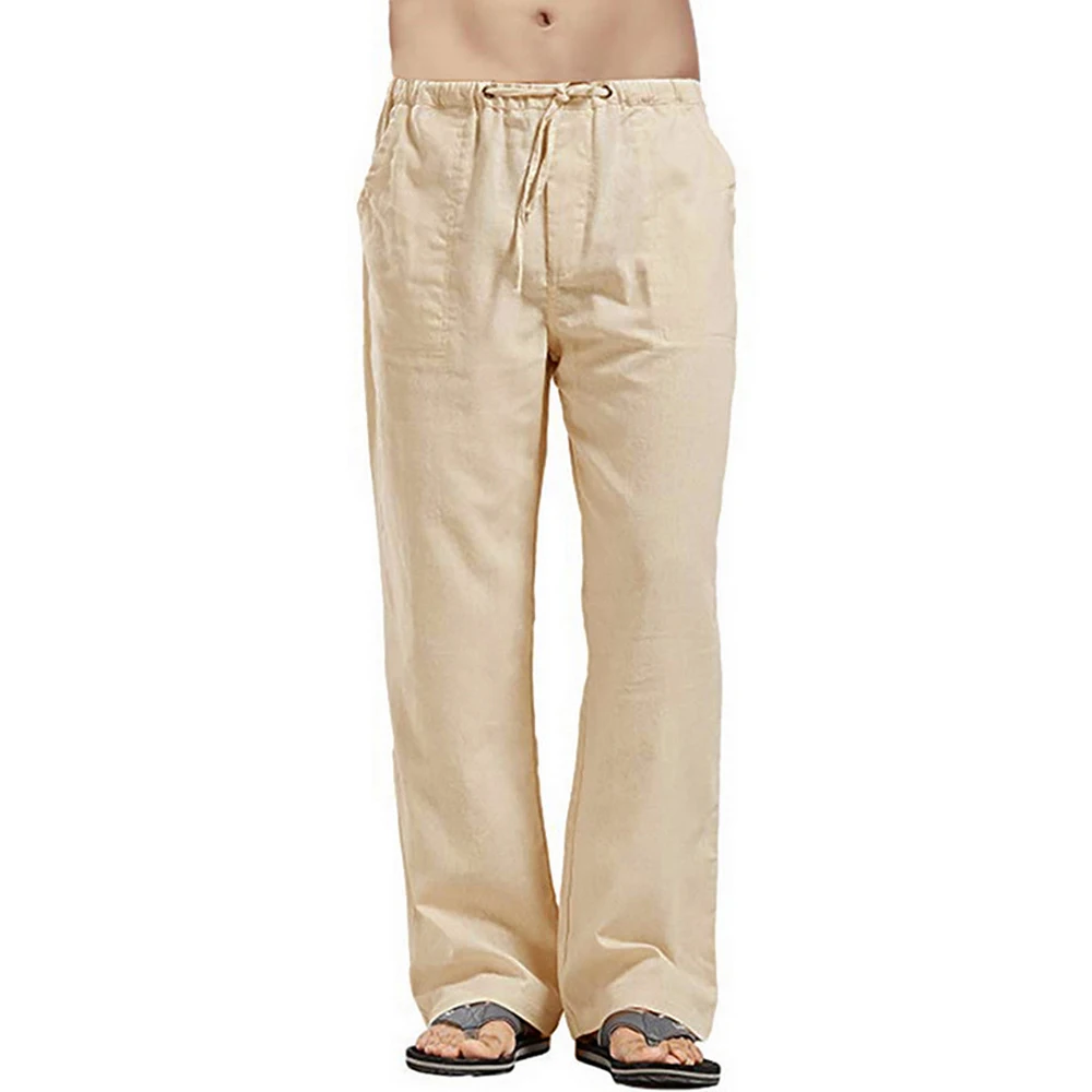 Men's Summer Loose Long Pants Elastic Waist Drawstring Leisure Resort Trousers Men Lightweight Breathable Straight Leg Pan