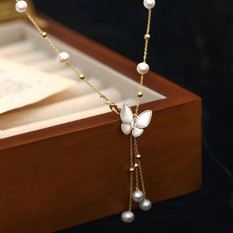 Sweet Butterfly Design Natural Freshwater Pearl 14K Gold Filled Female Necklace Jewelry For Women Short Chains No Fade Cheap