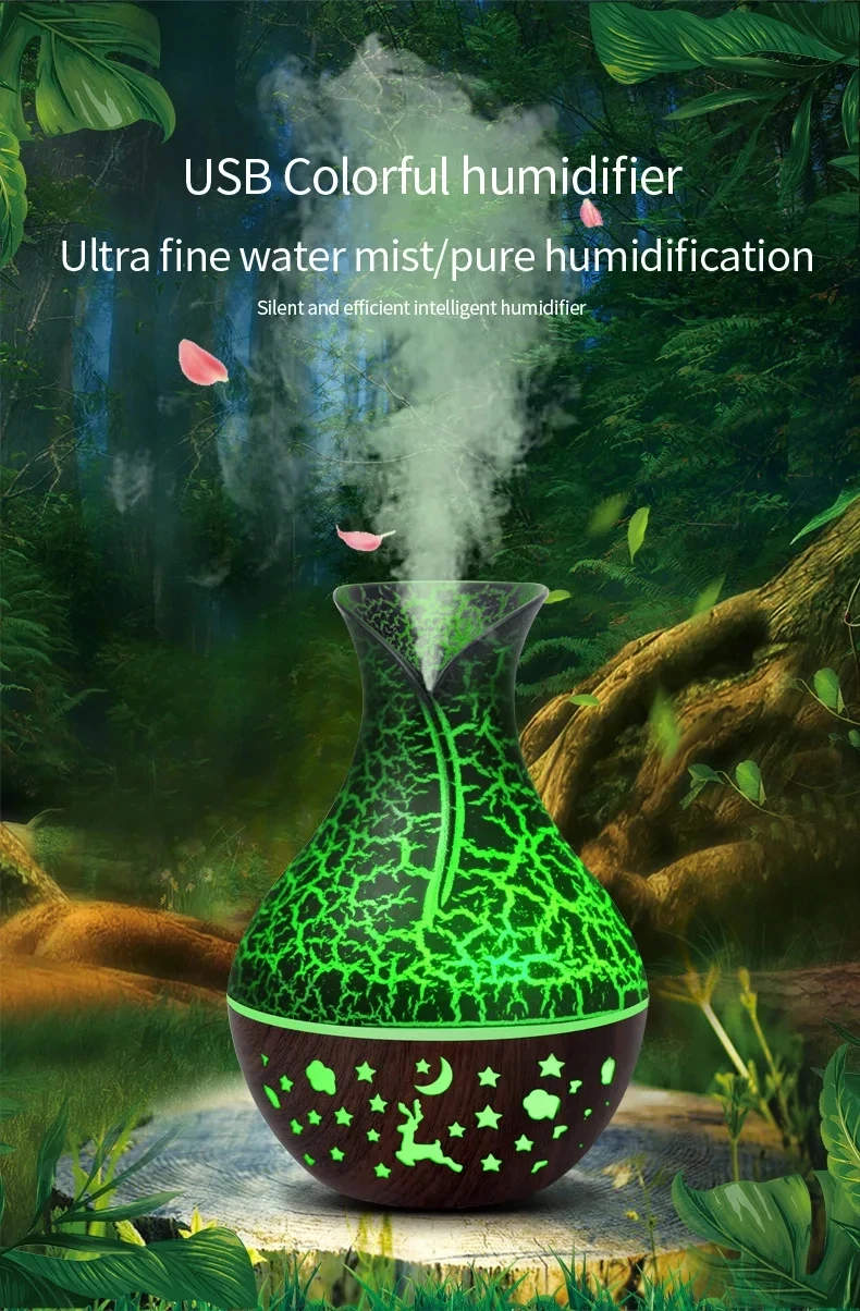 7 Colors Cracked Vase Air Humidifier Star Sky Deep Wood Grain Hollow Out Home Aromatherapy Essential Oil Aroma Diffuser 150ml