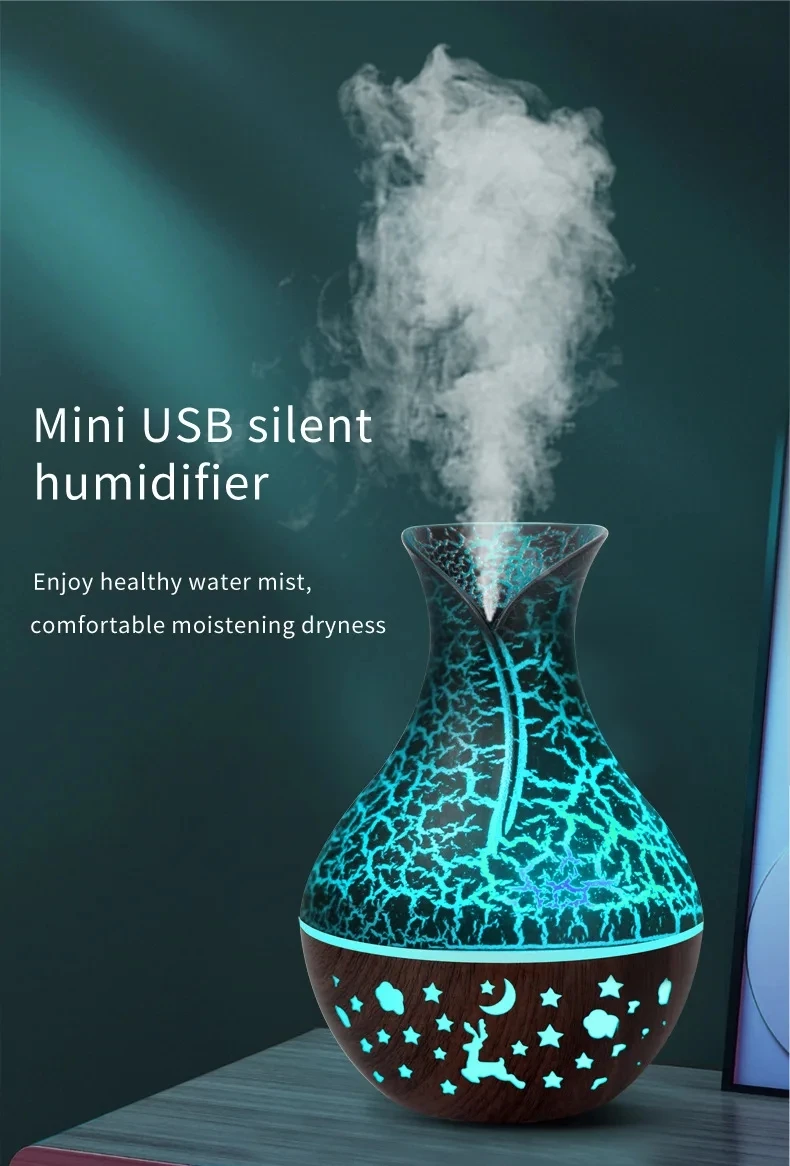 7 Colors Cracked Vase Air Humidifier Star Sky Deep Wood Grain Hollow Out Home Aromatherapy Essential Oil Aroma Diffuser 150ml