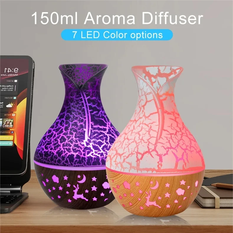 7 Colors Cracked Vase Air Humidifier Star Sky Deep Wood Grain Hollow Out Home Aromatherapy Essential Oil Aroma Diffuser 150ml