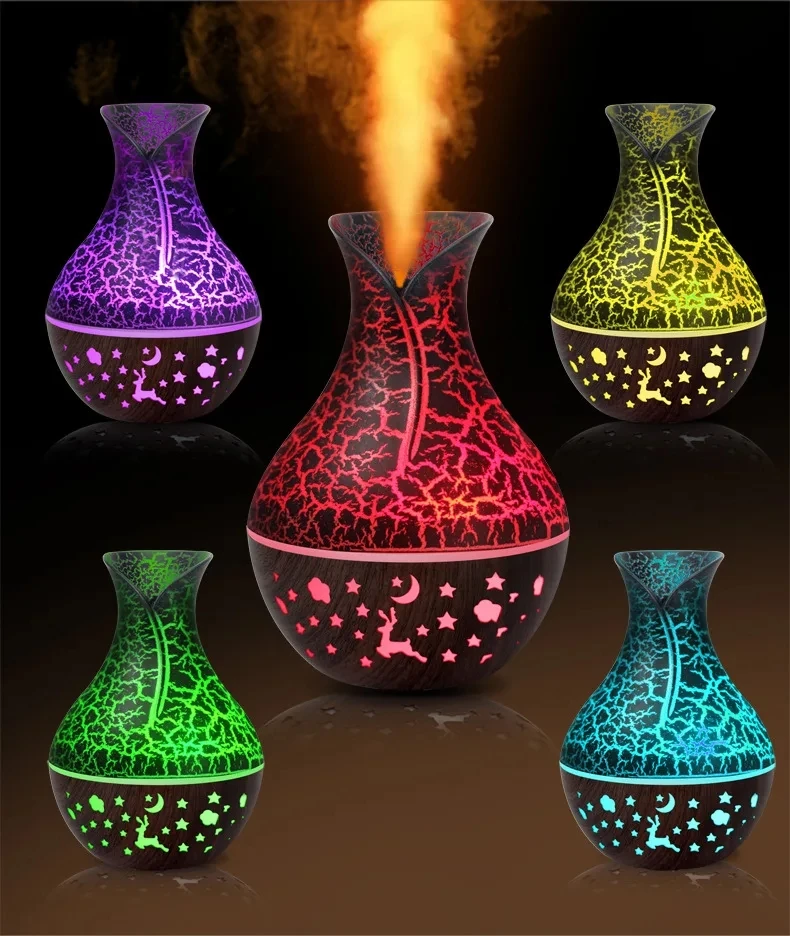 7 Colors Cracked Vase Air Humidifier Star Sky Deep Wood Grain Hollow Out Home Aromatherapy Essential Oil Aroma Diffuser 150ml