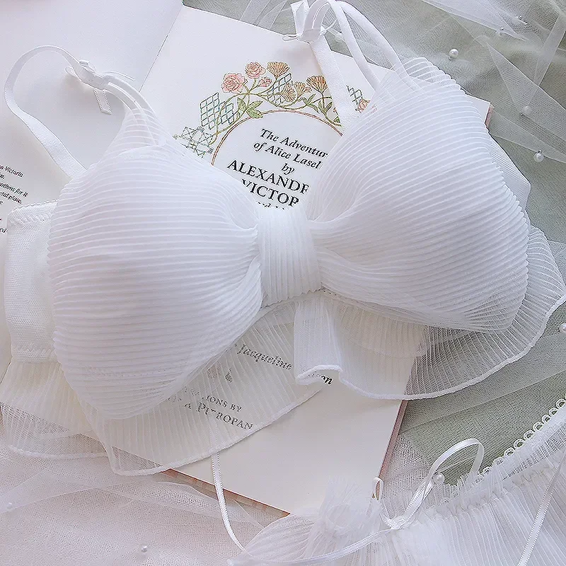 New Japanese Bras Lolita Girls Folds Bow Lovely Underwear Set Mesh Sweet Rimless Bra Comfortable Sweet Cute Bralette Sets
