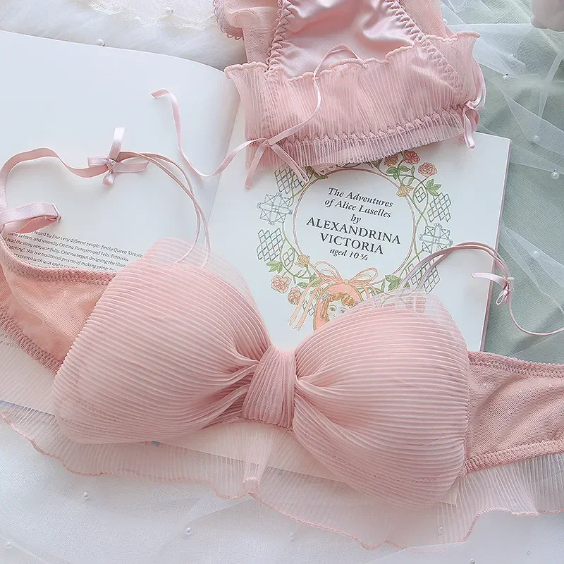 New Japanese Bras Lolita Girls Folds Bow Lovely Underwear Set Mesh Sweet Rimless Bra Comfortable Sweet Cute Bralette Sets