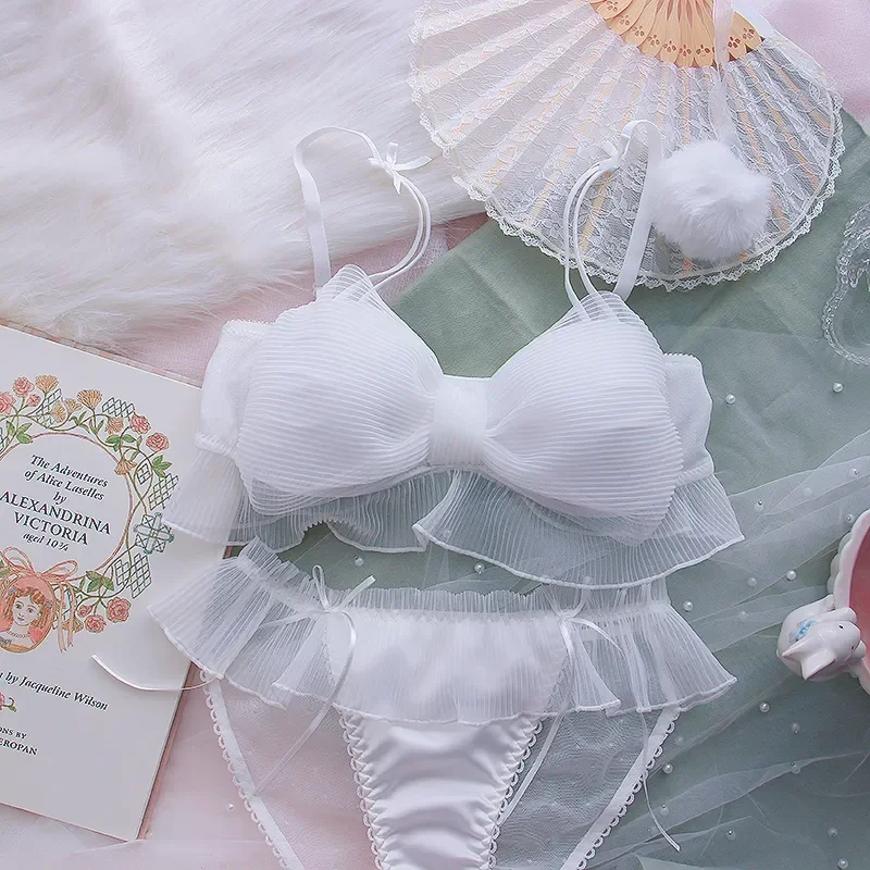 New Japanese Bras Lolita Girls Folds Bow Lovely Underwear Set Mesh Sweet Rimless Bra Comfortable Sweet Cute Bralette Sets