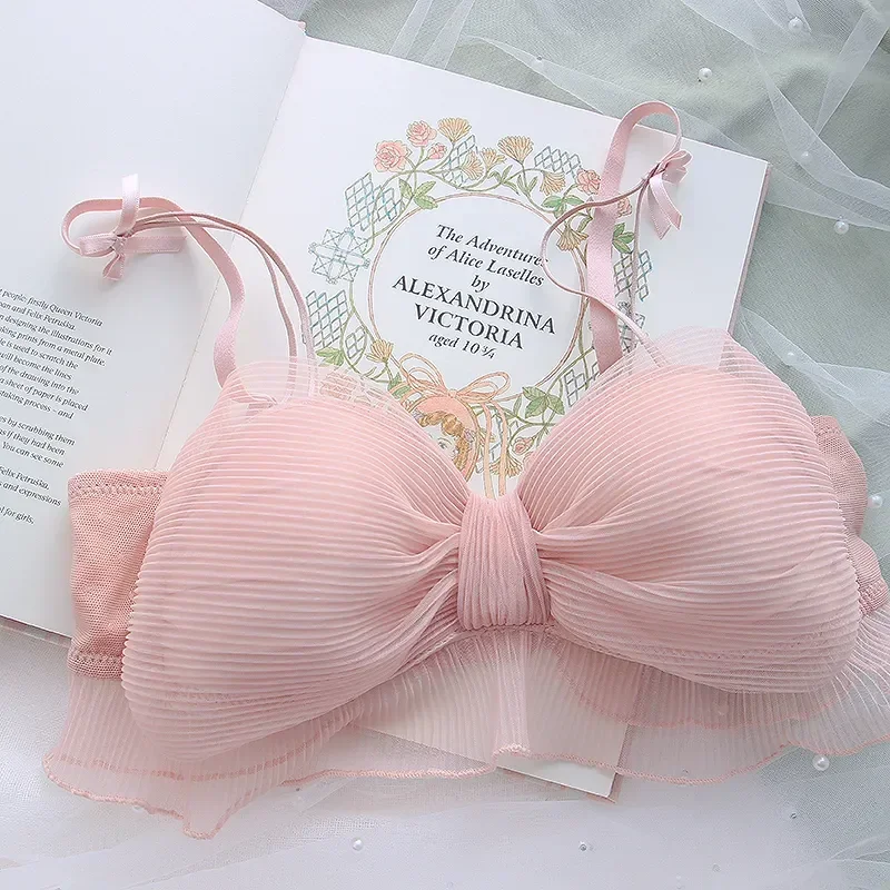 New Japanese Bras Lolita Girls Folds Bow Lovely Underwear Set Mesh Sweet Rimless Bra Comfortable Sweet Cute Bralette Sets
