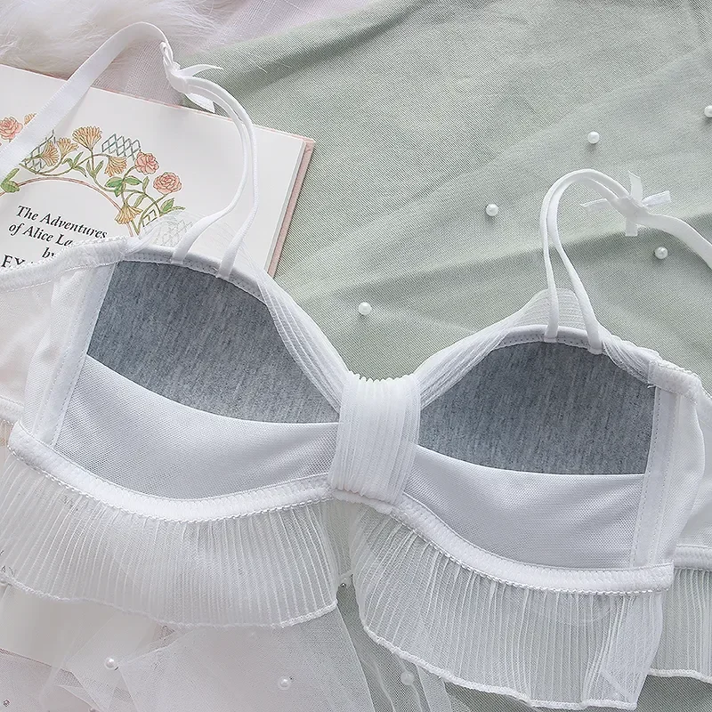New Japanese Bras Lolita Girls Folds Bow Lovely Underwear Set Mesh Sweet Rimless Bra Comfortable Sweet Cute Bralette Sets