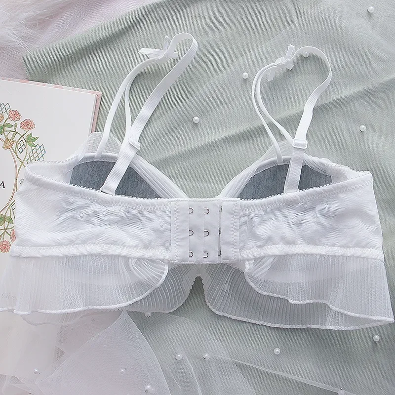 New Japanese Bras Lolita Girls Folds Bow Lovely Underwear Set Mesh Sweet Rimless Bra Comfortable Sweet Cute Bralette Sets