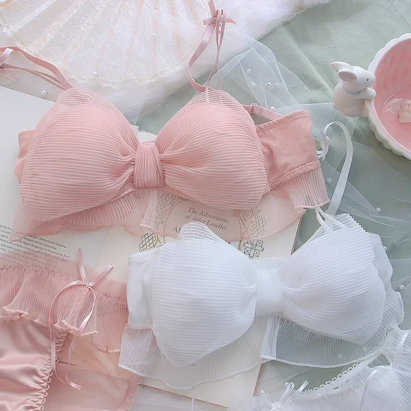 New Japanese Bras Lolita Girls Folds Bow Lovely Underwear Set Mesh Sweet Rimless Bra Comfortable Sweet Cute Bralette Sets