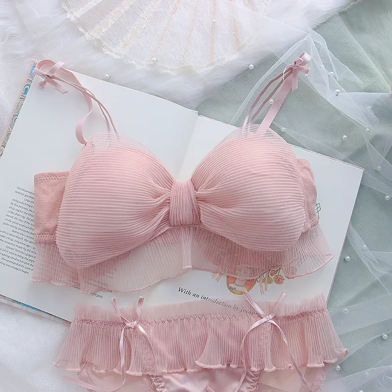 New Japanese Bras Lolita Girls Folds Bow Lovely Underwear Set Mesh Sweet Rimless Bra Comfortable Sweet Cute Bralette Sets
