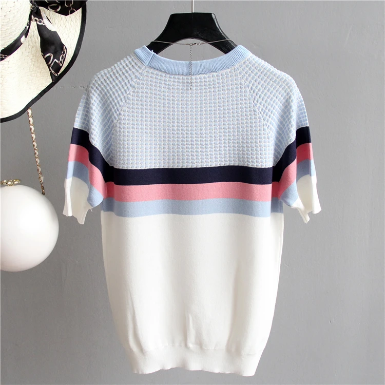 shintimes Blusas Mujer De Moda 2024 New Vintage Ladies Tops Striped Summer Blouse Pink Elasticity Short Sleeve Blue Women Blouse