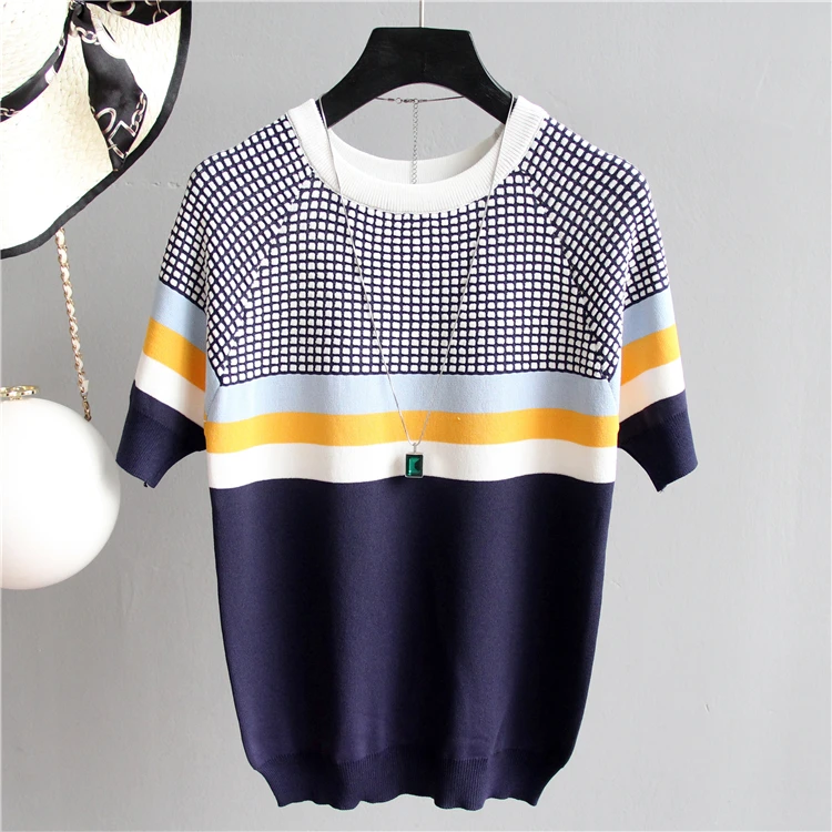 shintimes Blusas Mujer De Moda 2024 New Vintage Ladies Tops Striped Summer Blouse Pink Elasticity Short Sleeve Blue Women Blouse