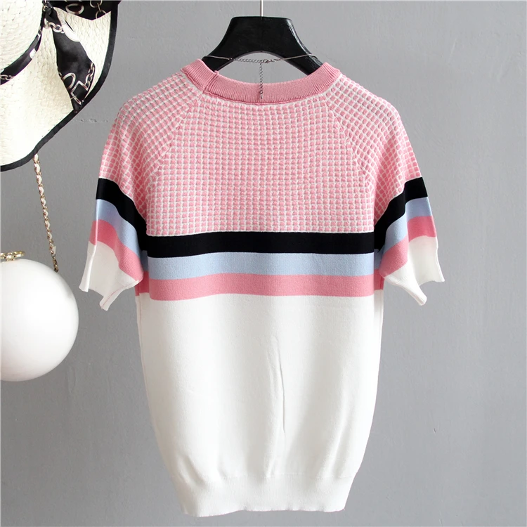 shintimes Blusas Mujer De Moda 2024 New Vintage Ladies Tops Striped Summer Blouse Pink Elasticity Short Sleeve Blue Women Blouse