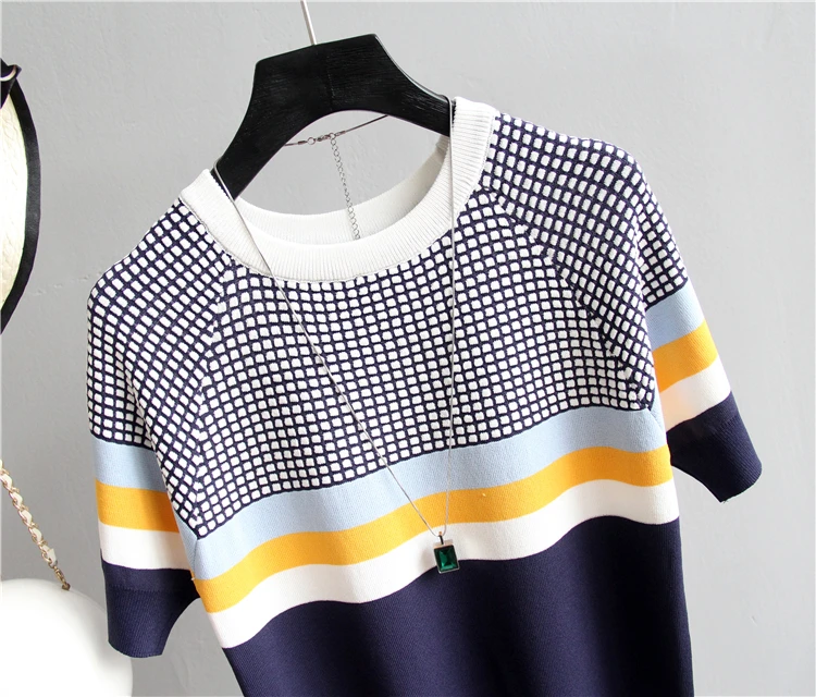 shintimes Blusas Mujer De Moda 2024 New Vintage Ladies Tops Striped Summer Blouse Pink Elasticity Short Sleeve Blue Women Blouse