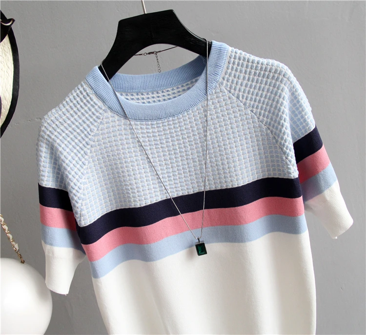 shintimes Blusas Mujer De Moda 2024 New Vintage Ladies Tops Striped Summer Blouse Pink Elasticity Short Sleeve Blue Women Blouse