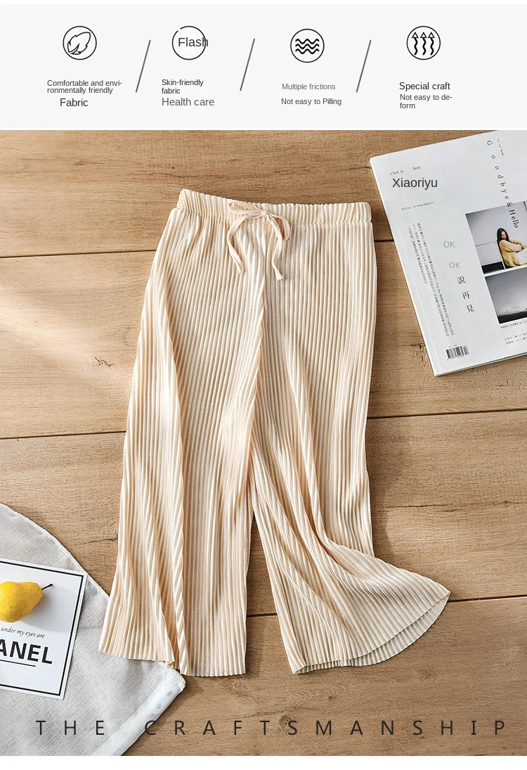 School Children Pleated Wide Leg Pants Summer Toddler Kids Loose Casual Solid Ankle-Length Pants Teenage Girls Ice Silk Leggings
