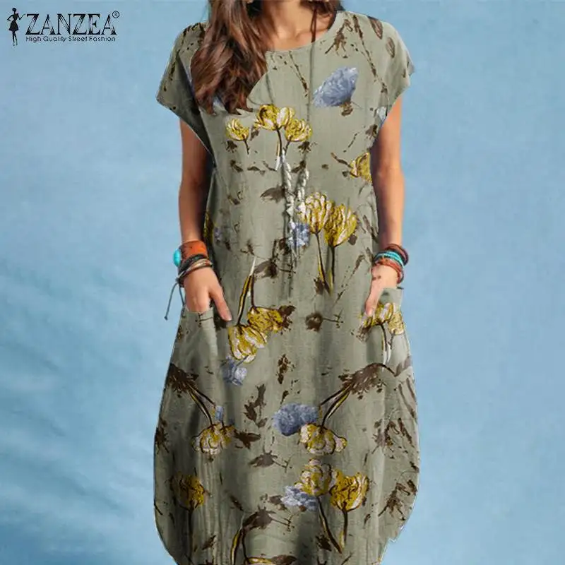 ZANZEA Women Summer Dress Bohemian Floral Print Vestido O-Neck Short Sleeve Pockets Sundress Fashion Casual Elegant Holiday Robe