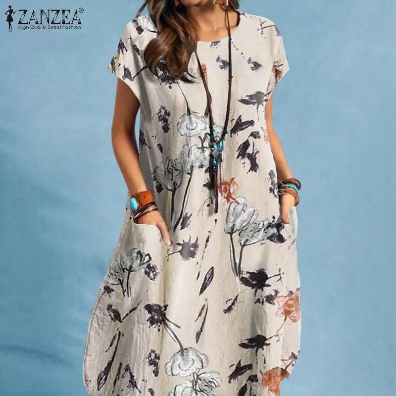 ZANZEA Women Summer Dress Bohemian Floral Print Vestido O-Neck Short Sleeve Pockets Sundress Fashion Casual Elegant Holiday Robe