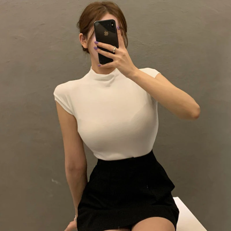 AOSSVIAO Chic Sexy Y2K Tops Woman Club Wear Fashionable Summer T-Shirt Short Sleeve Turtleneck Neon Top Tee 2026 Black White