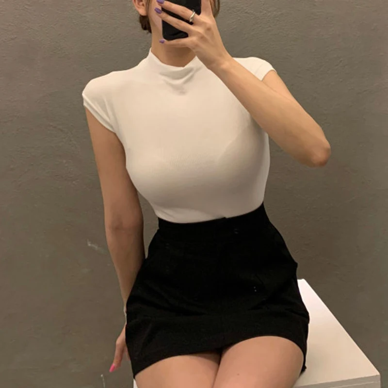 AOSSVIAO Chic Sexy Y2K Tops Woman Club Wear Fashionable Summer T-Shirt Short Sleeve Turtleneck Neon Top Tee 2026 Black White
