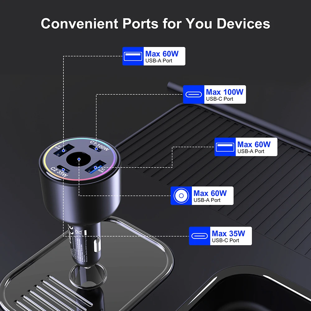 255W Car Charger for Starlink Mini, 5-Port USB C PD 100W PPS 45W Super Fast Charging for MacBook Pro iPhone 17 16 15 Samsung S26