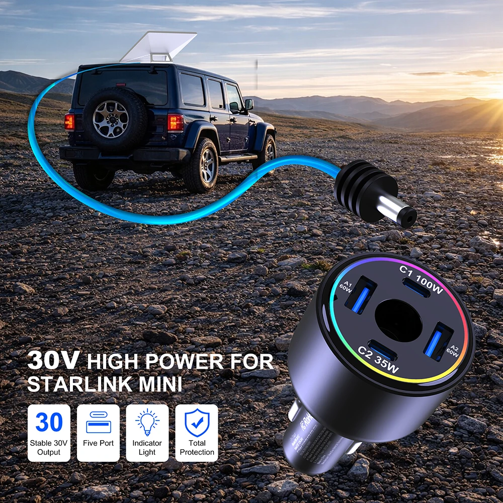 255W Car Charger for Starlink Mini, 5-Port USB C PD 100W PPS 45W Super Fast Charging for MacBook Pro iPhone 17 16 15 Samsung S26