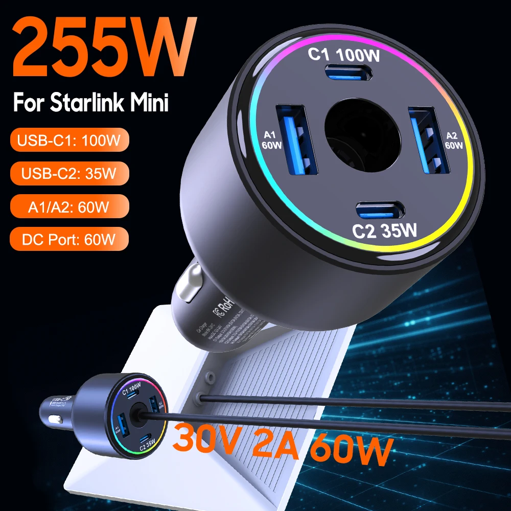 255W Car Charger for Starlink Mini, 5-Port USB C PD 100W PPS 45W Super Fast Charging for MacBook Pro iPhone 17 16 15 Samsung S26