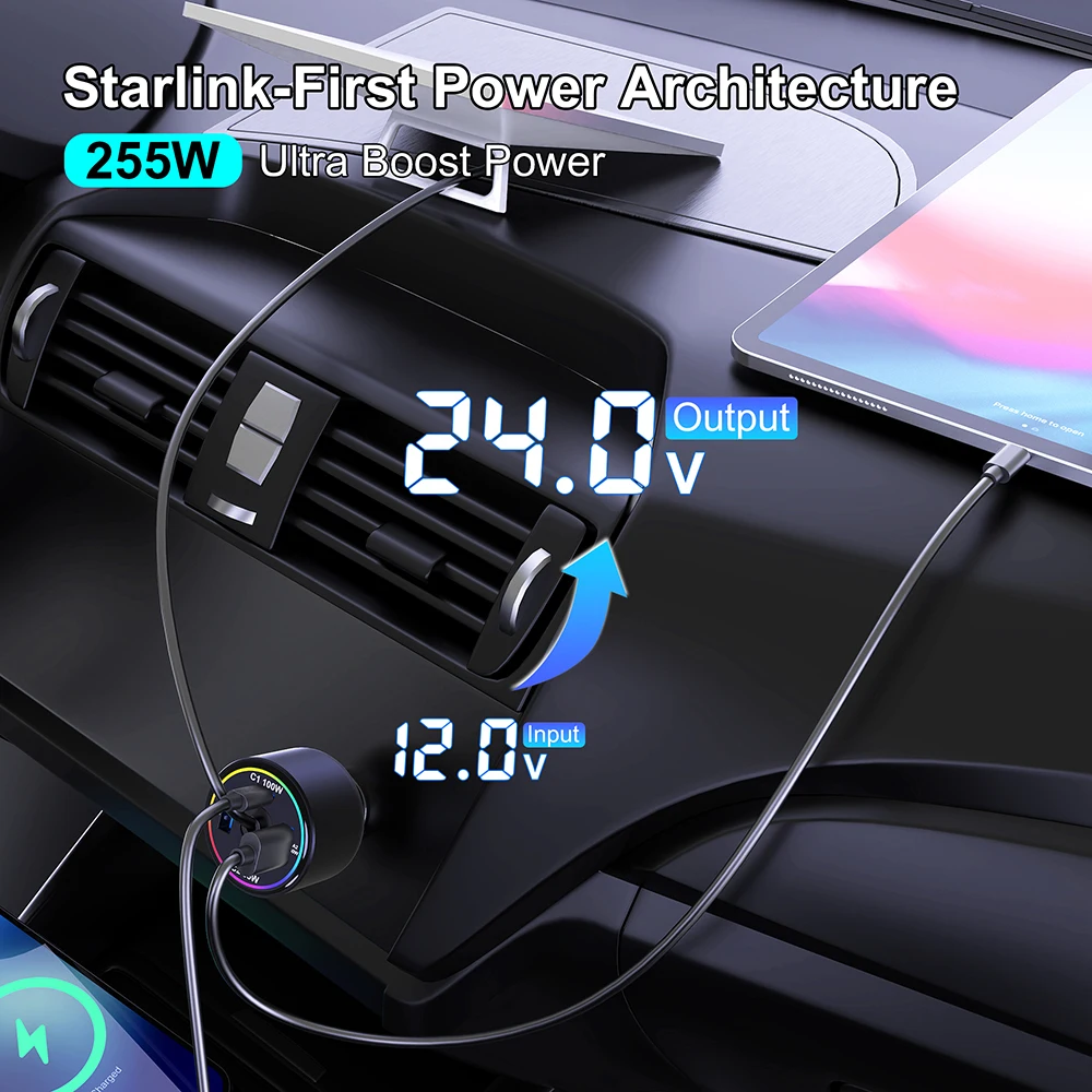 255W Car Charger for Starlink Mini, 5-Port USB C PD 100W PPS 45W Super Fast Charging for MacBook Pro iPhone 17 16 15 Samsung S26