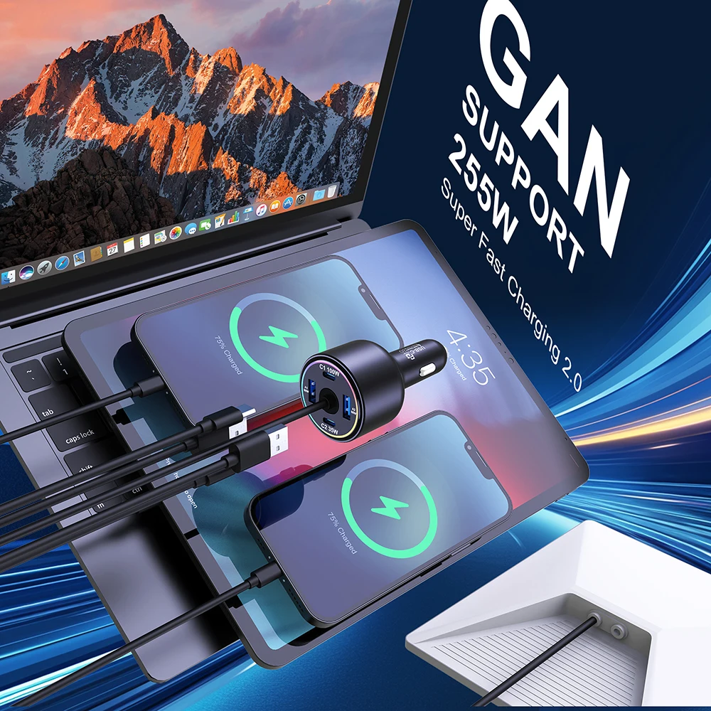 255W Car Charger for Starlink Mini, 5-Port USB C PD 100W PPS 45W Super Fast Charging for MacBook Pro iPhone 17 16 15 Samsung S26