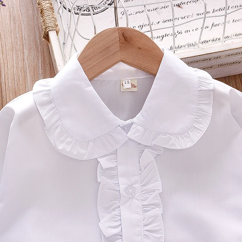 Spring and Autumn Girls' Baby Long sleeved Shirt with Wooden Ear Edge Collar Top Minimalist Girls' Clothing