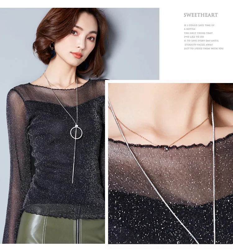 2026 Glitter Mesh Blouse Sexy Womens Shirts Long Sleeve Tops Korean Black Pink O-Neck Elegant Slim Blouse Camisas Femininas