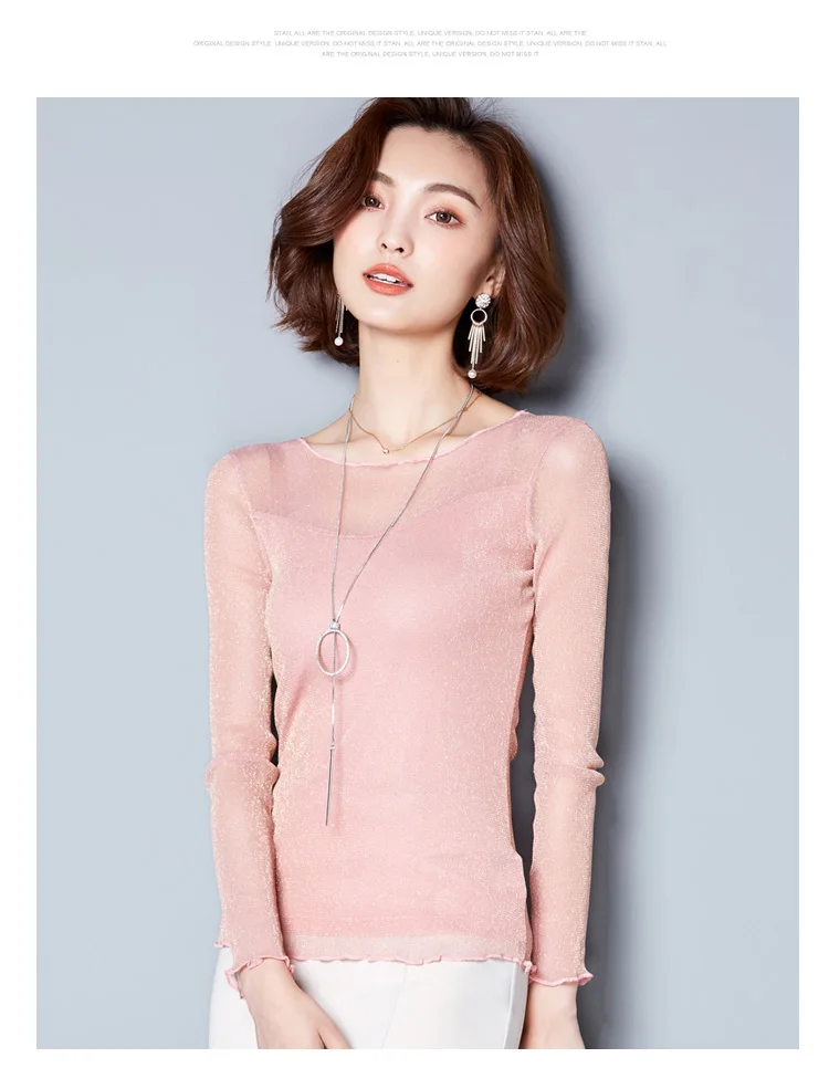 2026 Glitter Mesh Blouse Sexy Womens Shirts Long Sleeve Tops Korean Black Pink O-Neck Elegant Slim Blouse Camisas Femininas