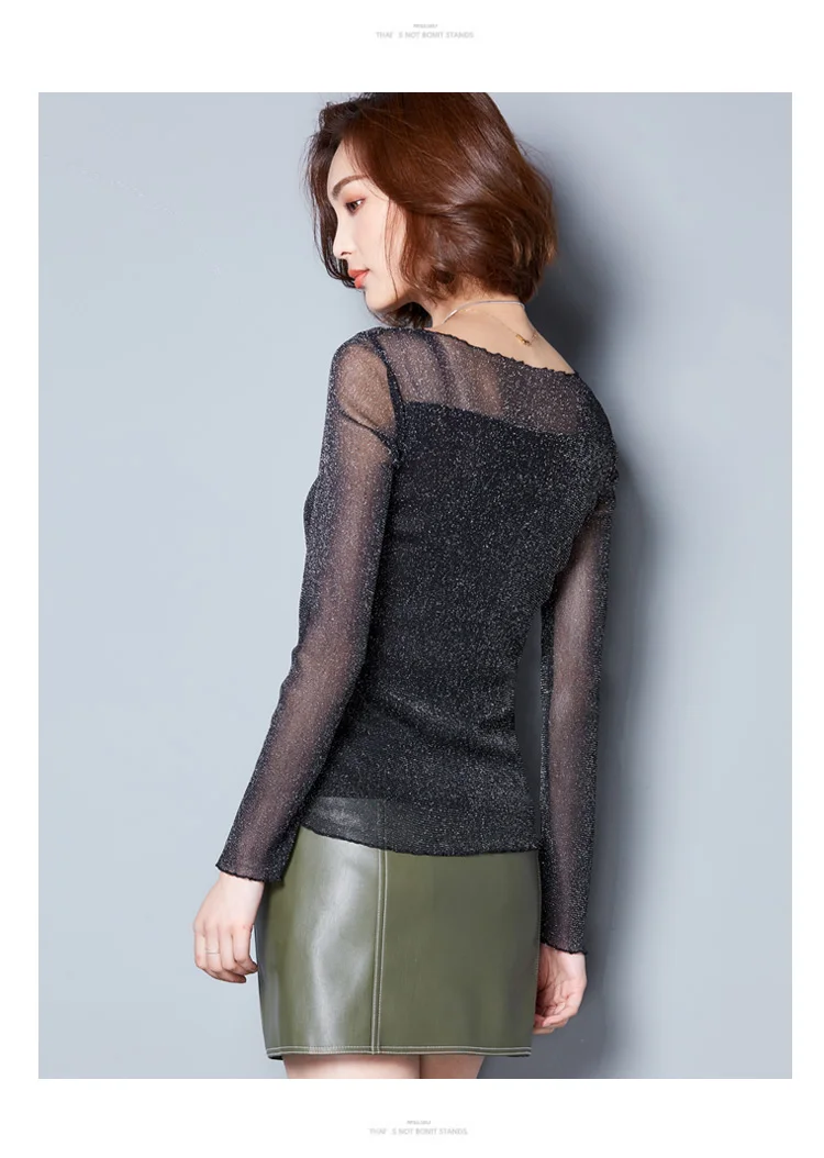 2026 Glitter Mesh Blouse Sexy Womens Shirts Long Sleeve Tops Korean Black Pink O-Neck Elegant Slim Blouse Camisas Femininas