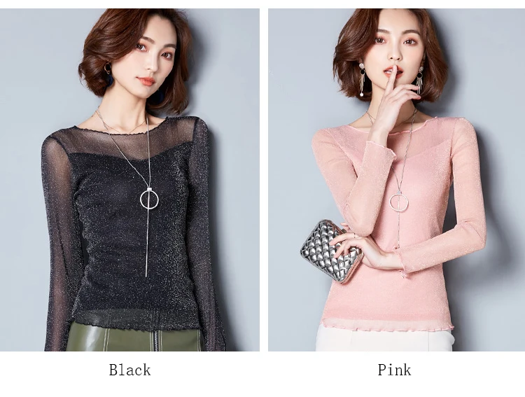 2026 Glitter Mesh Blouse Sexy Womens Shirts Long Sleeve Tops Korean Black Pink O-Neck Elegant Slim Blouse Camisas Femininas