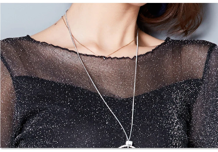 2026 Glitter Mesh Blouse Sexy Womens Shirts Long Sleeve Tops Korean Black Pink O-Neck Elegant Slim Blouse Camisas Femininas