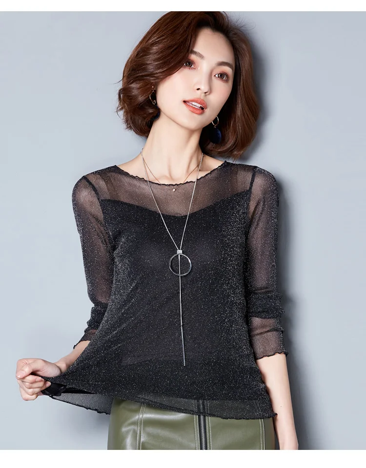 2026 Glitter Mesh Blouse Sexy Womens Shirts Long Sleeve Tops Korean Black Pink O-Neck Elegant Slim Blouse Camisas Femininas