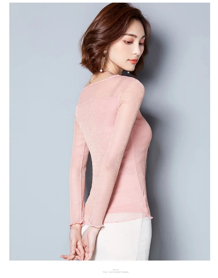2026 Glitter Mesh Blouse Sexy Womens Shirts Long Sleeve Tops Korean Black Pink O-Neck Elegant Slim Blouse Camisas Femininas