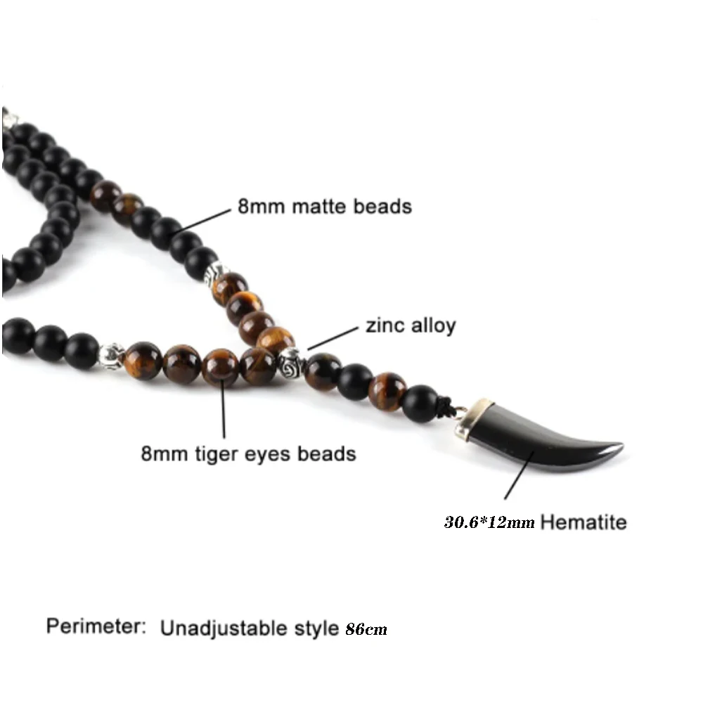 8mm Matte Black Onyx Yellow Tiger Eye Beads 108 Mala Necklace with Hematite Bull Horn Pendant