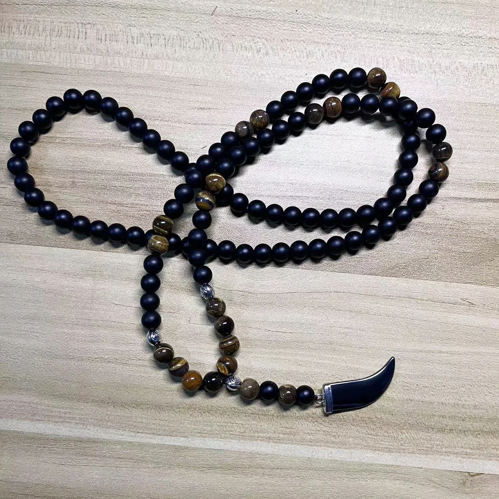 8mm Matte Black Onyx Yellow Tiger Eye Beads 108 Mala Necklace with Hematite Bull Horn Pendant