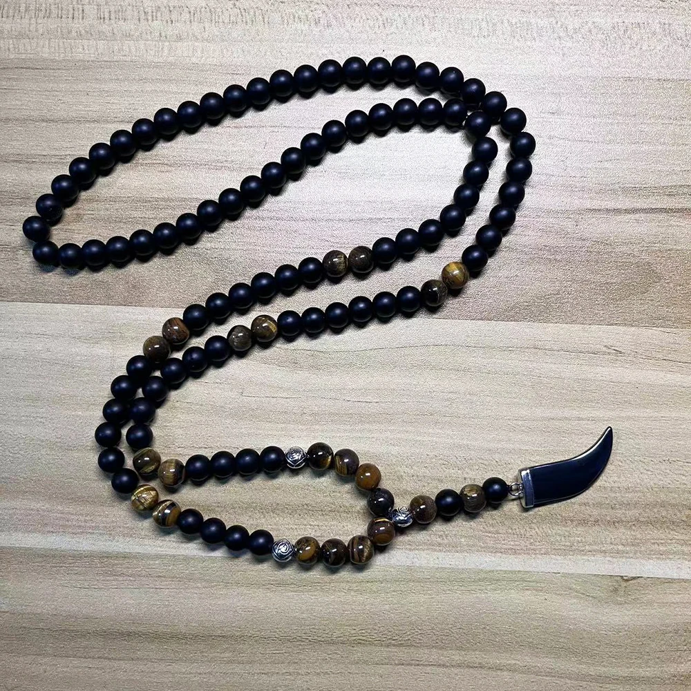 8mm Matte Black Onyx Yellow Tiger Eye Beads 108 Mala Necklace with Hematite Bull Horn Pendant
