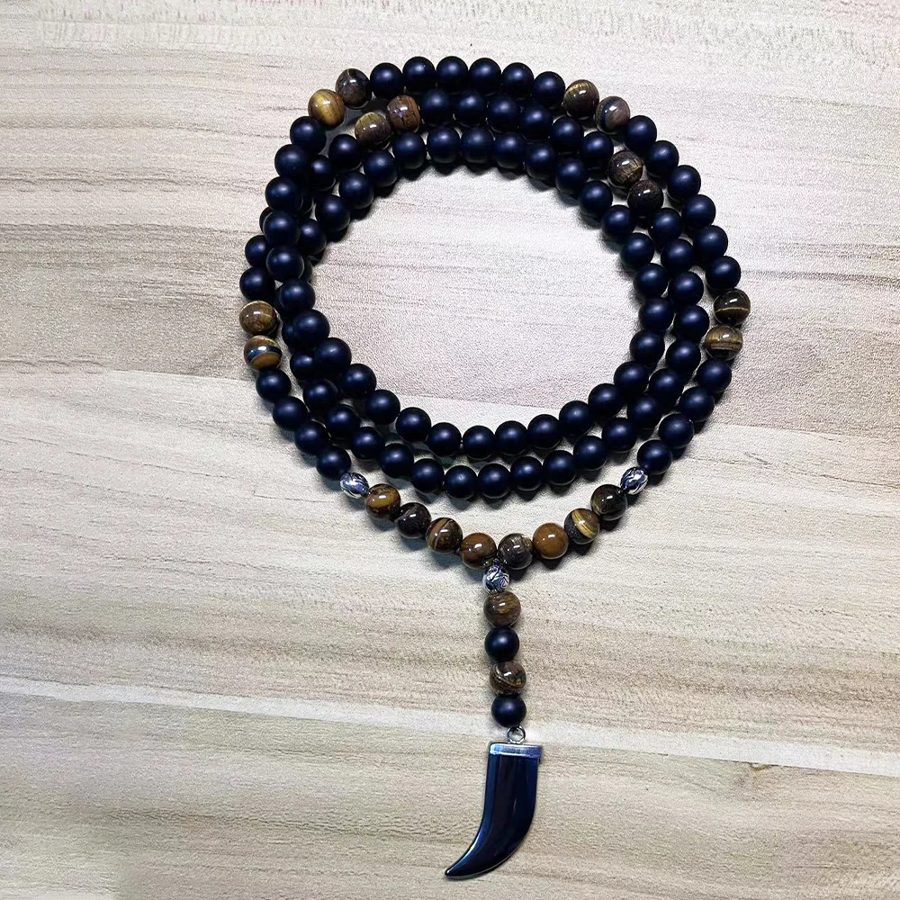 8mm Matte Black Onyx Yellow Tiger Eye Beads 108 Mala Necklace with Hematite Bull Horn Pendant